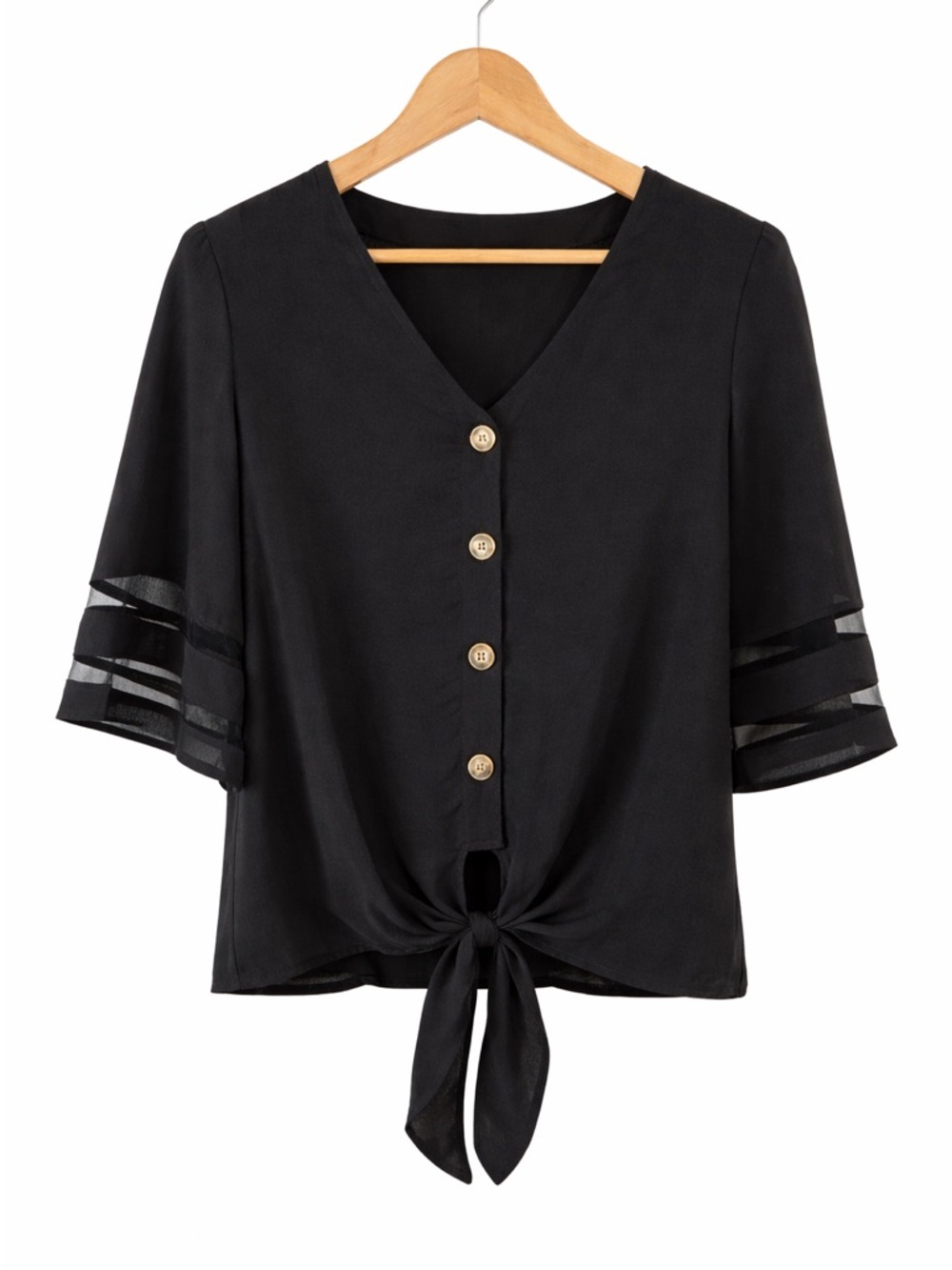 Amazon Black V-Neck Button Tie-Front Blouse